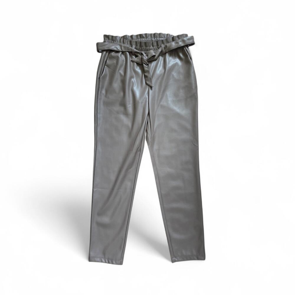 Studio Badgley Mischka Mushroom Taupe Faux Leather Paperbag Waist Pants, Medium